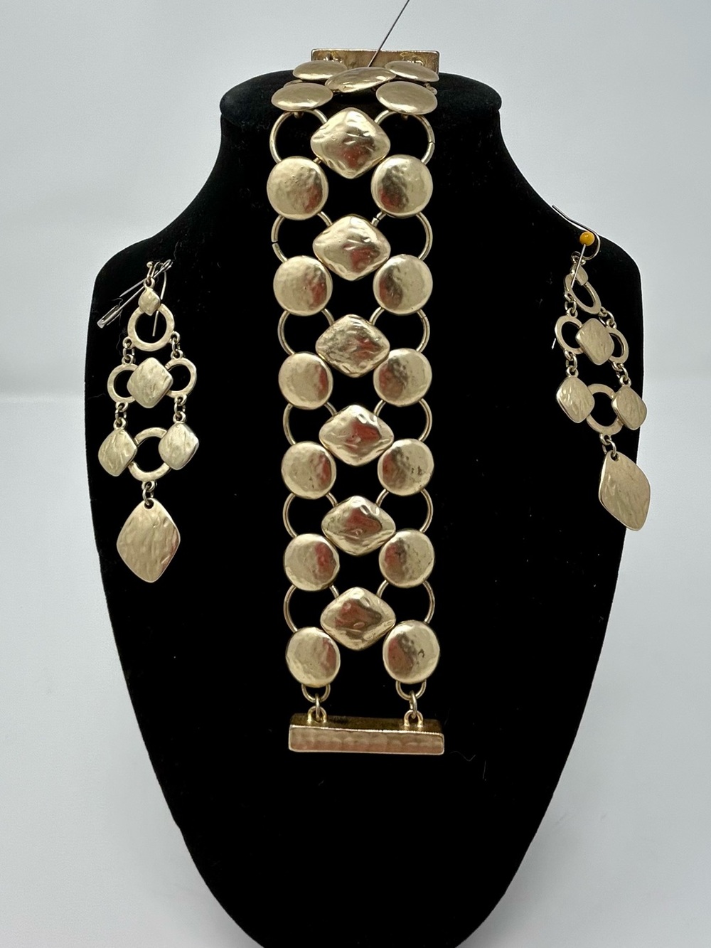 Chico’s Vintage Hammered Gold Tone Statement Bracelet & Dangle Earrings Set